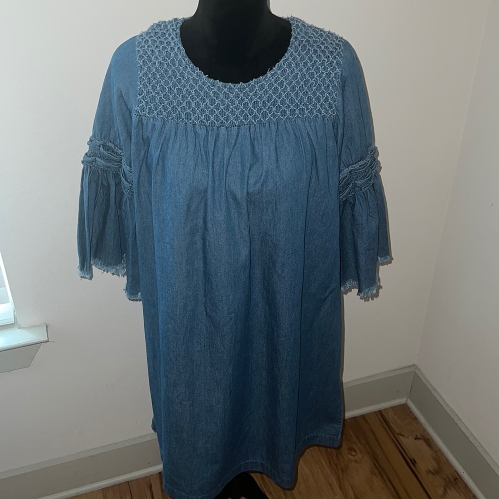 Blue Smocking embroidered‎ Denim Dress Sz L bell sleeves New